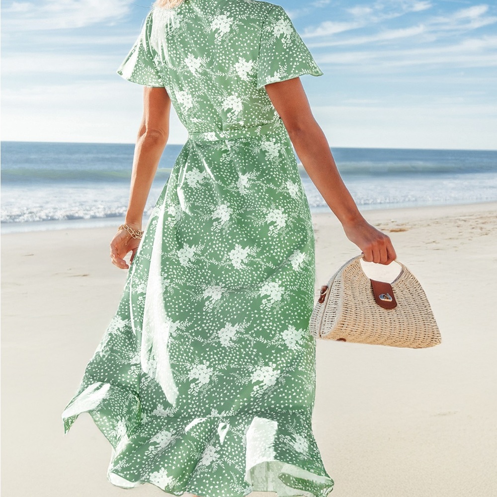 Cupshe Green High Low Wrap Dress with Flutter Sleeves - Picture 3 of 5